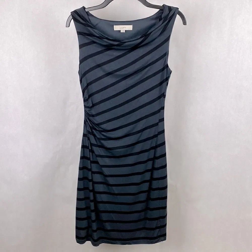 Loft Sheath Dress Sleeveless Black Gray Stripe Small Drape Neck Gathered Side